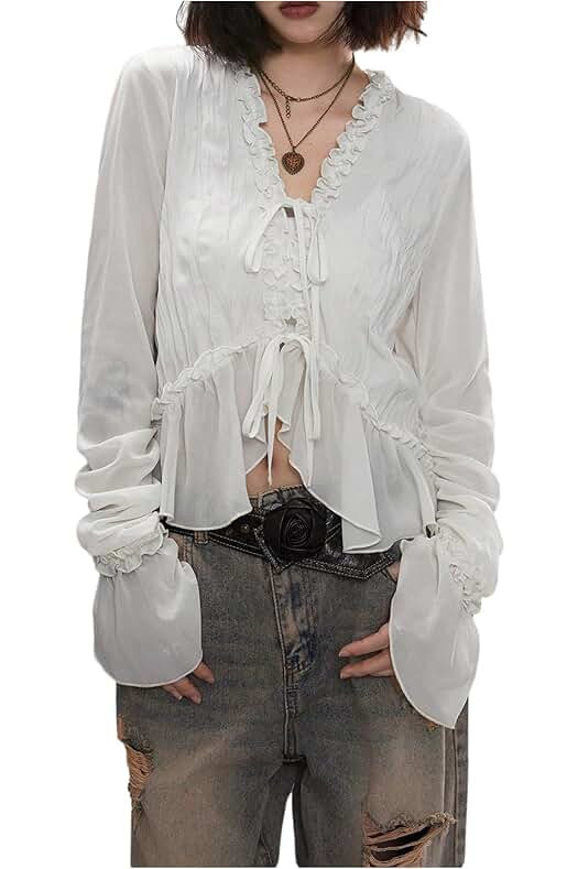 MakeMeChic Women’s Long Sleeve Ruffle Trim Mesh BLOUSE  | Amazon (US)