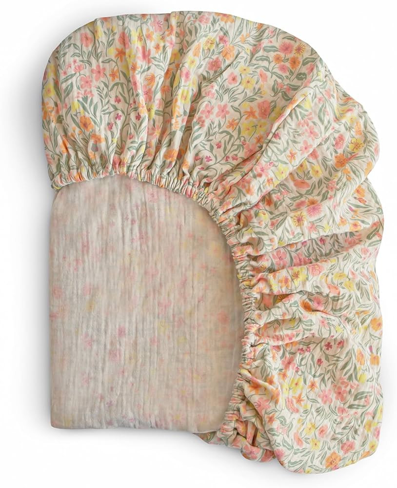 mushie Extra Soft Muslin Fitted Crib Sheet | 192 Thread Count | 28"x 52" (Pastel Blooms) | Amazon (US)