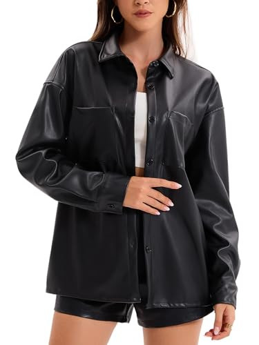Haianguoji Women's Faux Leather Button-Down Shirt Jacket Lightweight Long Sleeve PU Blouse Shacket Tops (Black, XS) | Amazon (US)