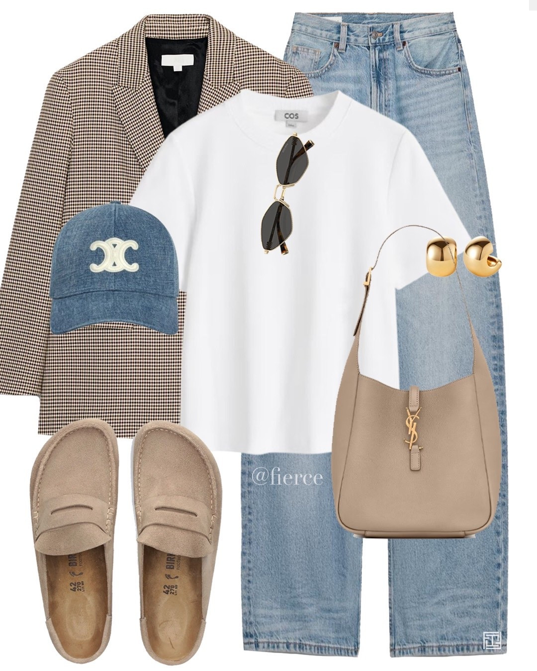 Backless loafers blue jeans denim baseball cap white Tshirt check blazer 

#LTKuk #LTKspring #LTKeurope