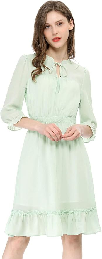Allegra K Women's Ruffle Hem 3/4 Sleeve A-Line Smocked Short Chiffon Dress | Amazon (US)