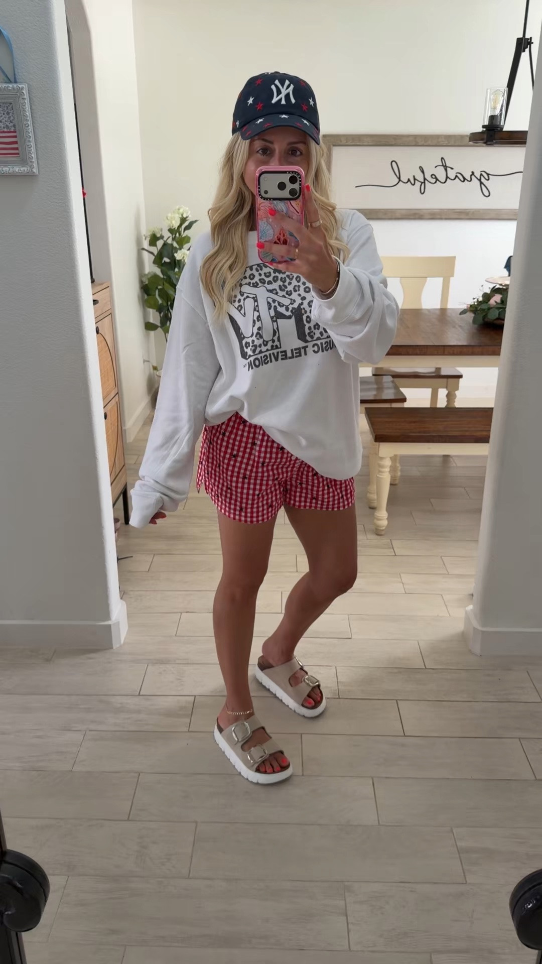 Comfy cute everyday outfit 
Large mtv sweater 
Small shorts 
Sandals tts

#LTKootd