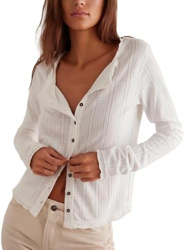 KGGT Women's Button Down Cardigan Long Sleeve Textured Pointelle Top Ribbed Knit Slim Fit Lightwe... | Amazon (US)