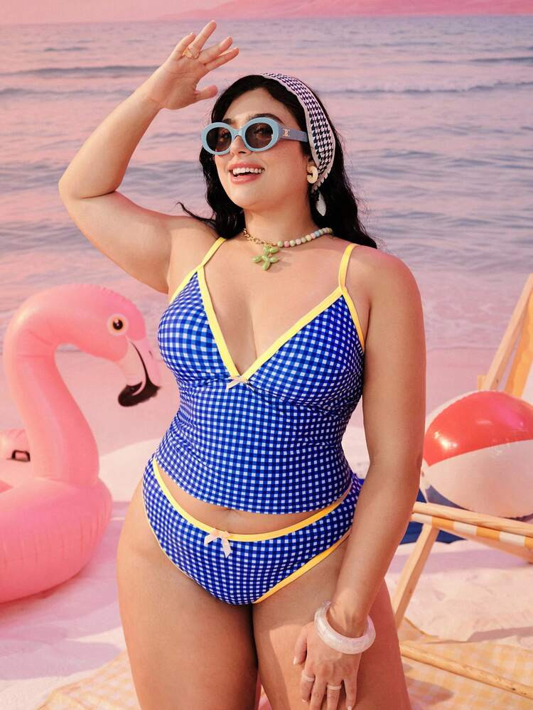 Swim Mod Plus Size Women 2-Piece Random Geometric Square Print Fashion Vacation Casual Slimming Modest Bow Adjustable Thick Strap High Waist High Leg Opening Triangle Bikini Swimwear 2026 New Backless Tankini Set | SHEIN