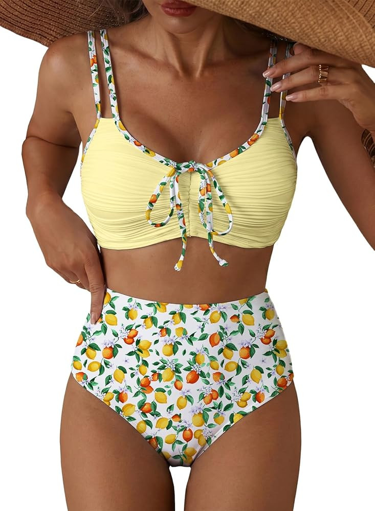 Women's Textured Bikini Sets 2 Piece High Waisted Tie Front Swimsuits Floral Print Bathing Suits ... | Amazon (US)