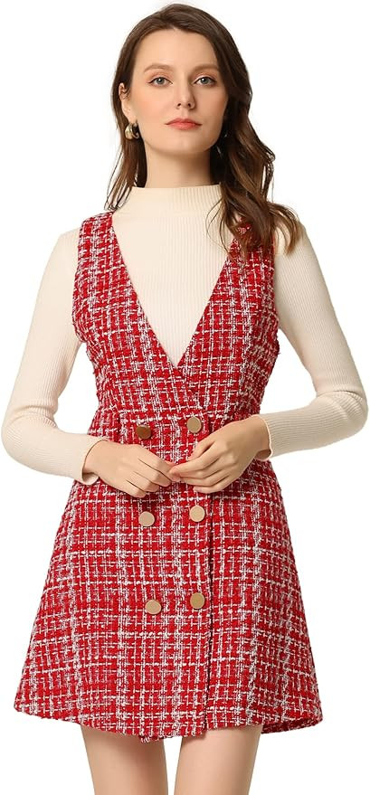 Allegra K Women's Elegant Vintage Button Front V Neck Plaid Tweed Christmas Overalls Pinafore Dre... | Amazon (US)