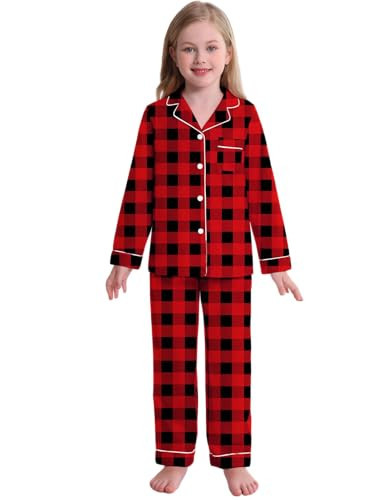 Veseacky Xmas Girls PJs Casual Button Down Pajamas Long Sleeve Soft Nightie for Chrismas Red Plaid Kids 7-8t | Amazon (US)
