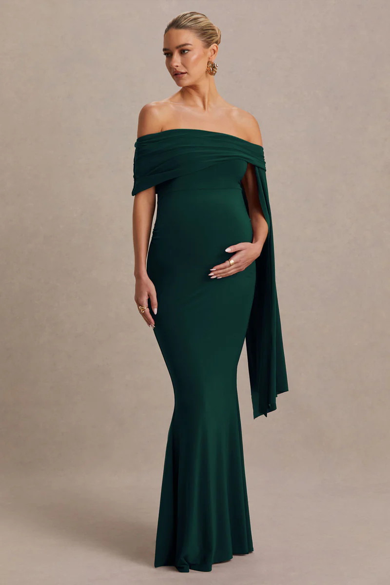Aquila  Bottle Green Bardot Maternity Maxi Dress With Draped Detail | Club L London