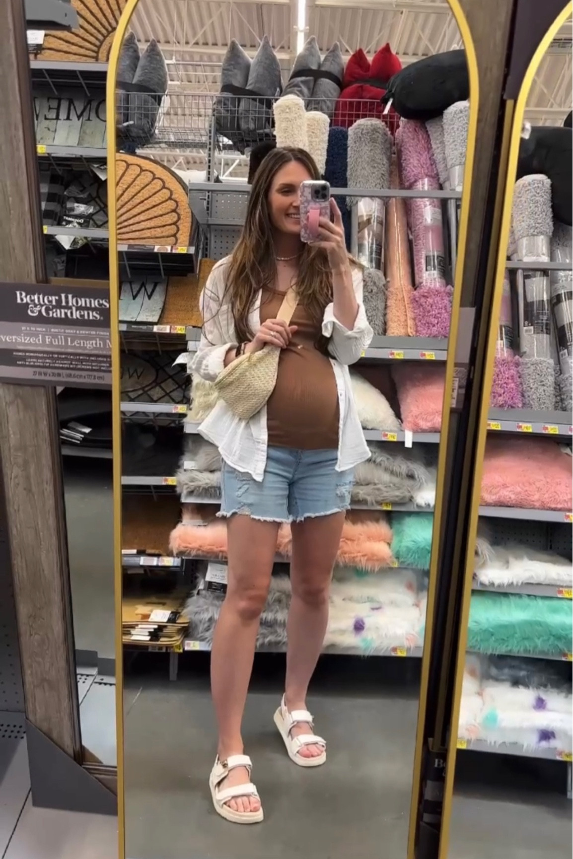 Walmart summer outfit. Maternity fashion.
**sizing:
Button up: large, fits oversized 
Tank: large, fitted
Shorts: small, fit tts
Sandals: 9, I sized up a half size 

#walmartmaternity #walmart #bumpfit #bumpstyle #walmartfashion @walmart 