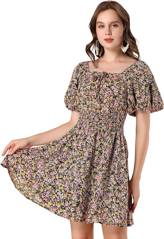Allegra K Women's Square Neck Puff Sleeve Dresses Smocked Waist A-Line Mini Floral Print Dress | Amazon (US)