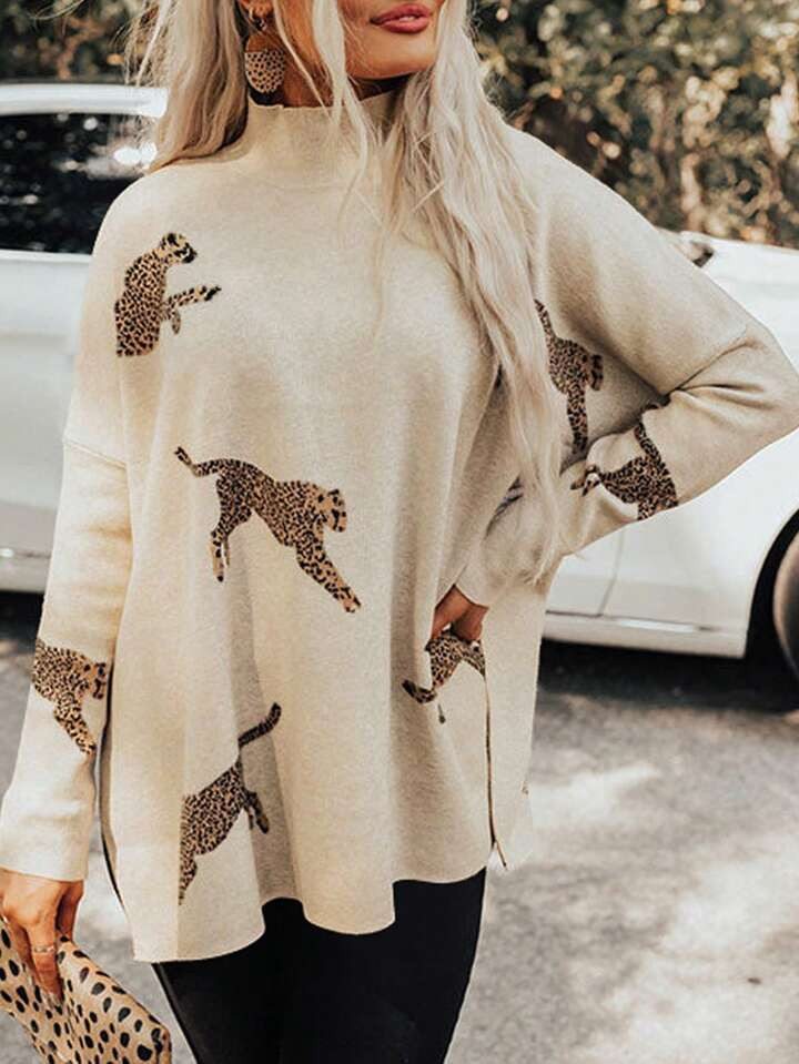 Leopard Pattern Split High Neck Casual Sweaters | SHEIN