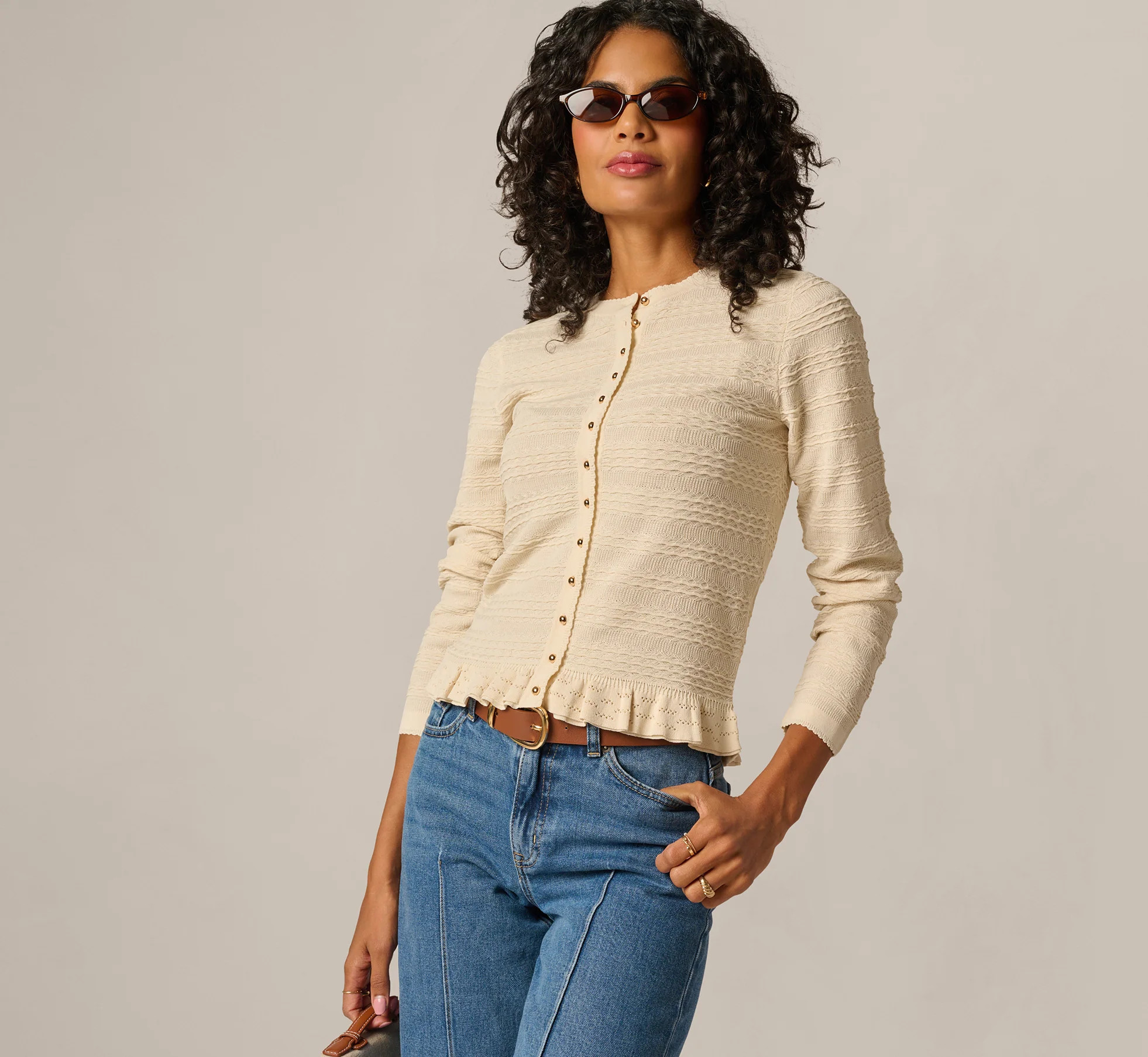 Ruffle Hem Cable Knit Cardigan Sweater In Cream | Adrianna Papell