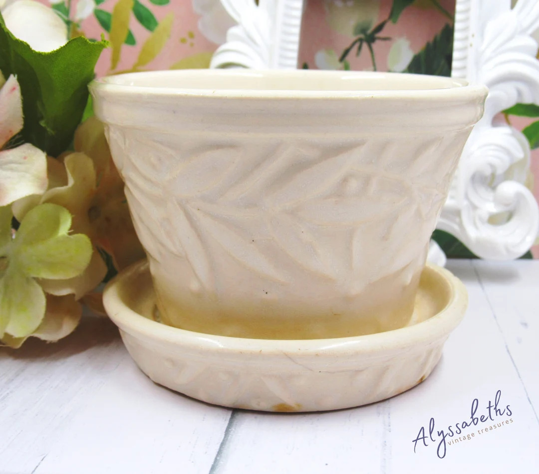Vintage McCoy Pottery Off White Hobnail & Leaves Violet Planter, Chic Crazed Creamware Flower Pot | Etsy (US)