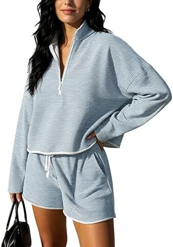 Bozanly Two Piece Outfits for Women Trendy Long Sleeve Tops Shorts Lounge Set | Amazon (US)