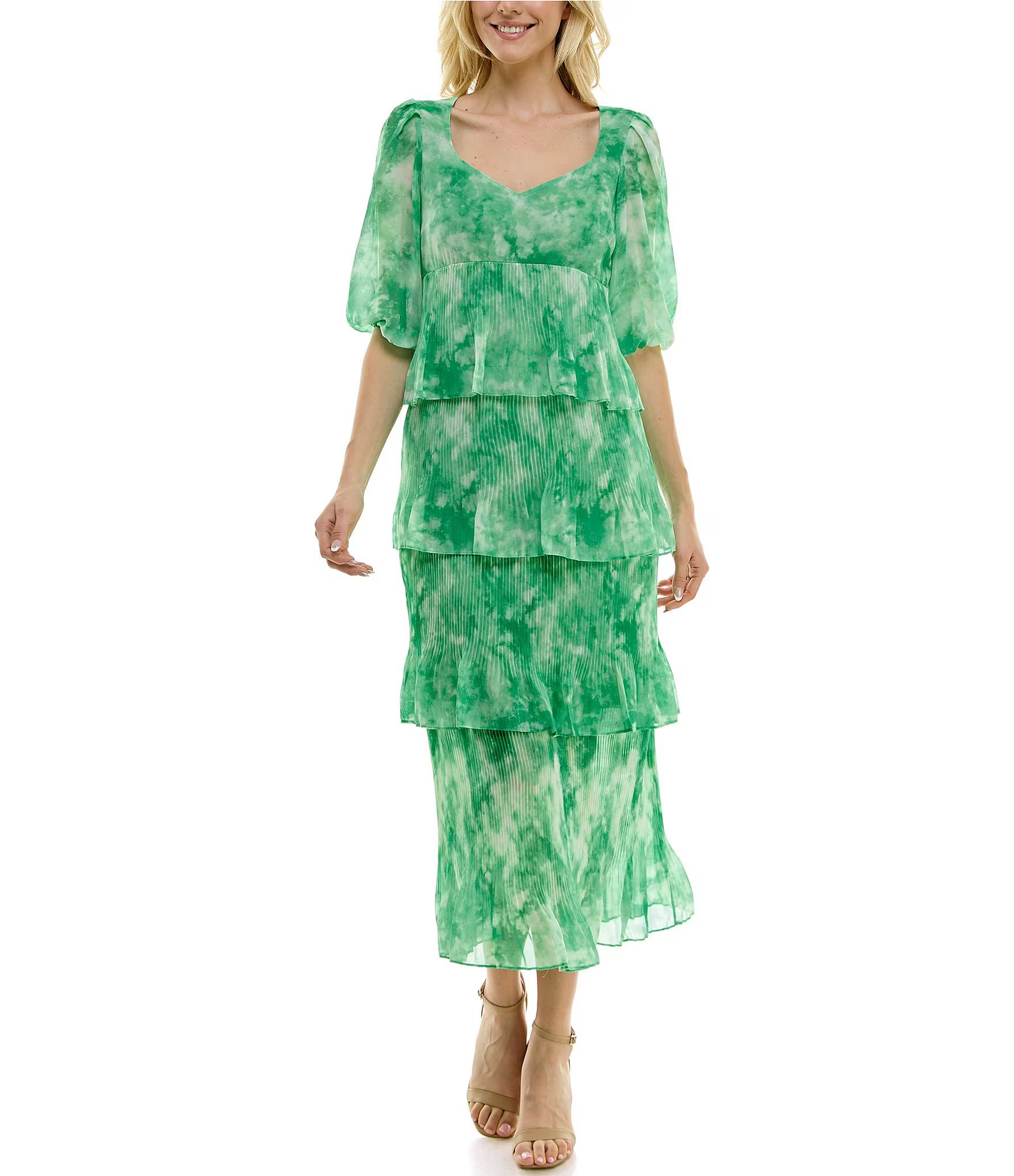Printed Chiffon Sweetheart Neckline 3/4 Sleeve Tiered Gown | Dillard's
