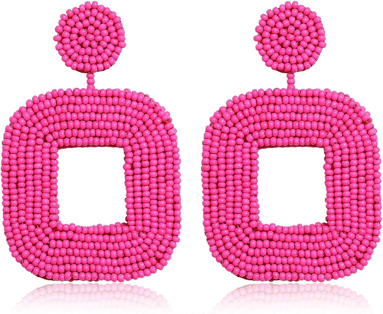 Boderier Beaded Drop Earrings Bohemian Wire Wrapped Beaded Square Hoop Dangle Statement Earrings | Amazon (US)