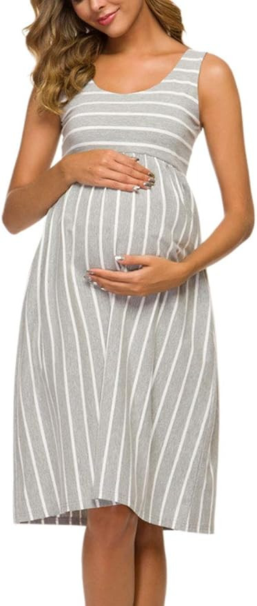 Ecavus Womens Maternity Tank Dress Stripe Color Block Sleeveless Knee Length for Baby Shower | Amazon (US)