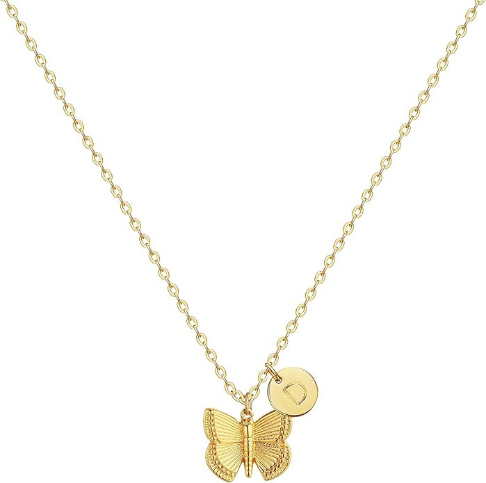 Initial Butterfly Pendant Necklace,Women 14k Gold Plated Handmade Dainty Butterfly Necklace with ... | Amazon (US)