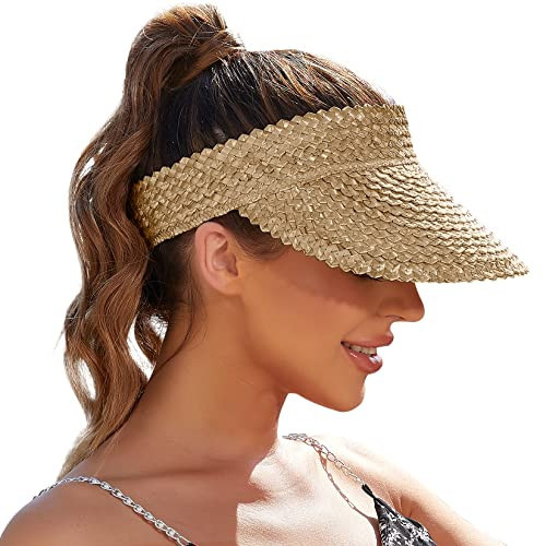 Handmade Sun Visors for Women - Straw Hats, Packable Beach Hats - Khaki | Amazon (US)