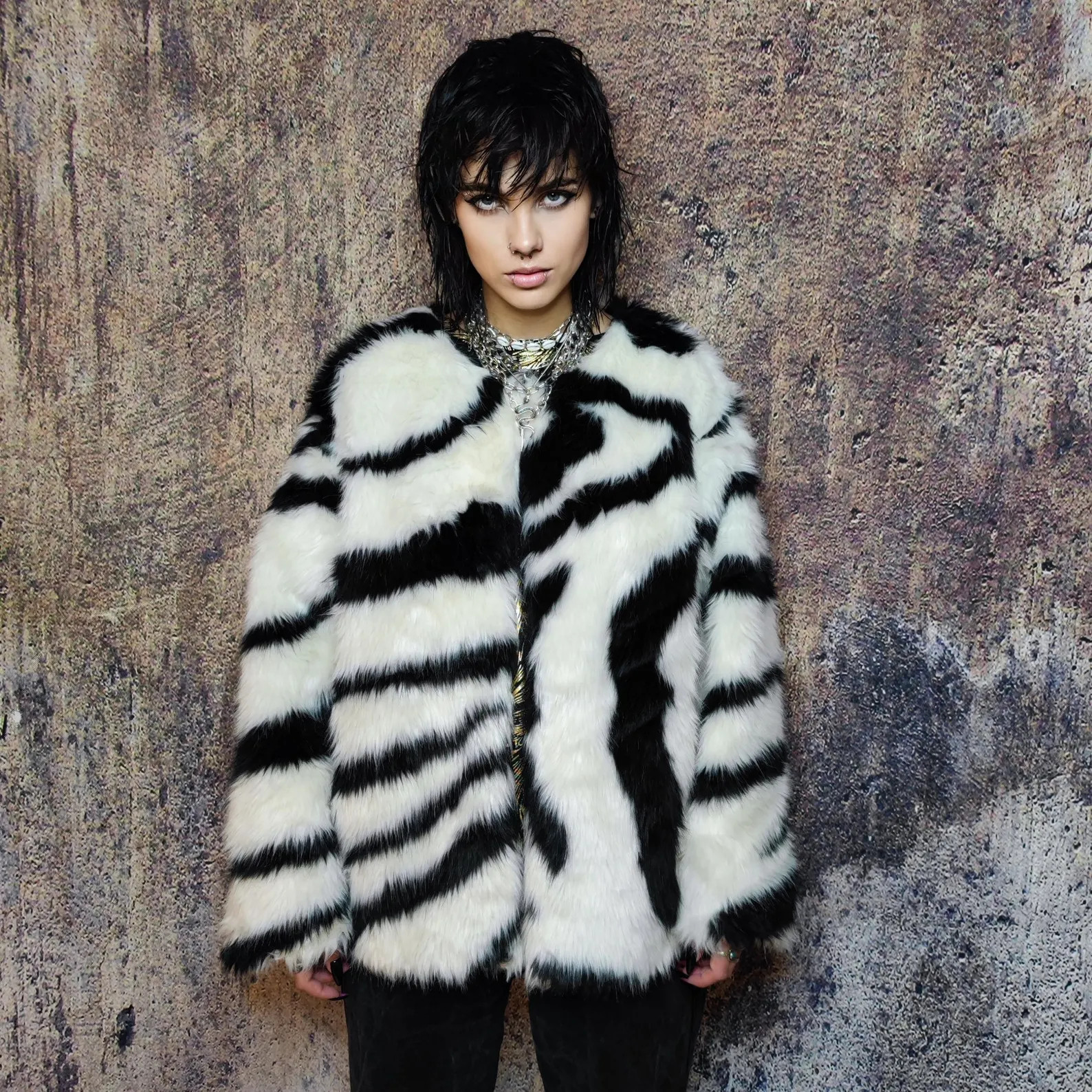 Zebra faux fur coat fluffy striped trench jacket short shaggy animal print bomber festival varsit... | Etsy (Global)