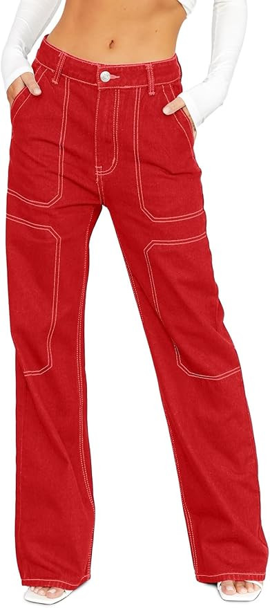 Sidefeel Women's Cargo Jeans Casual Loose Mid Rise Wide Leg Denim Pants | Amazon (US)