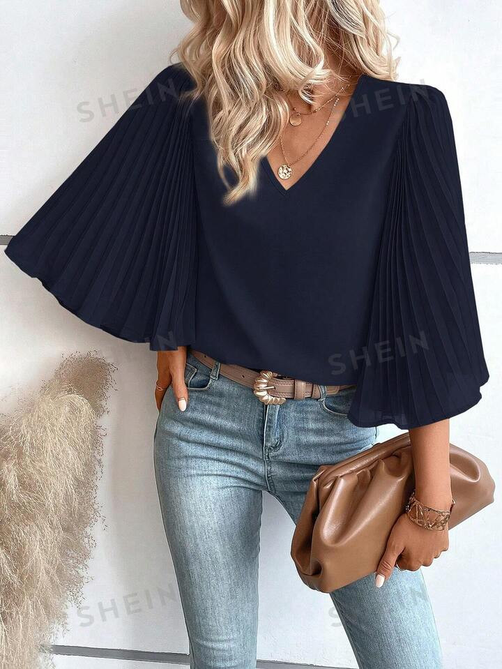 SHEIN VCAY Solid Pleated Sleeve V Neck Blouse | SHEIN