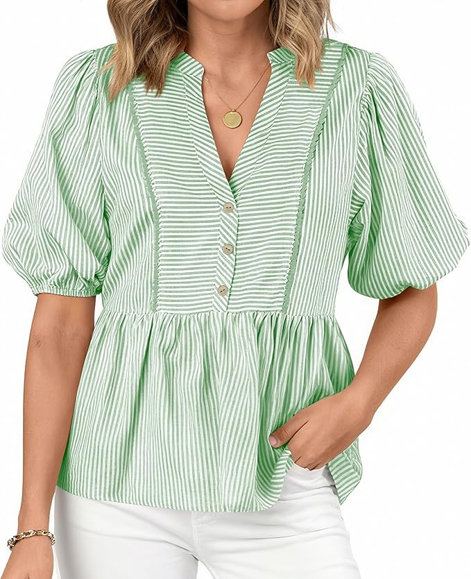 dowerme Womens Summer Tops 2026 Fashion Lantern Short Sleeve V Neck Button Peplum Shirts Spring S... | Amazon (US)