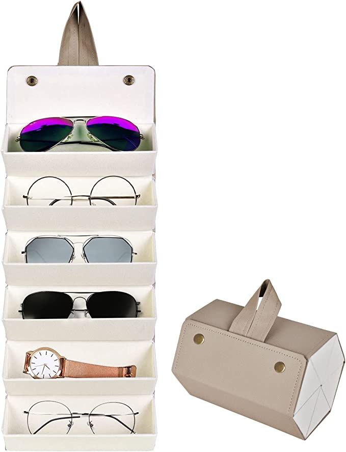 MEGREZ Sunglasses Organizer Box, PU Leather Foldable Woman Eyeglass Case Eyeglass Organizer Stora... | Amazon (US)