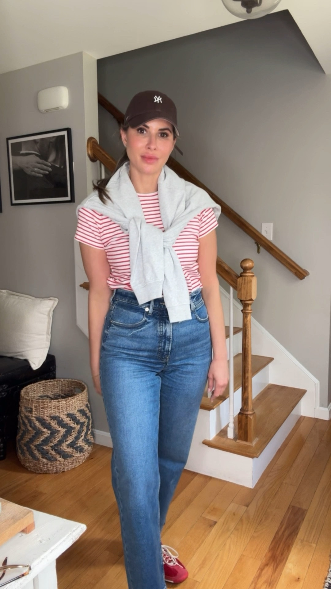 Casual OOTD 

Striped red and white tee 
Grey sweatshirt
High waisted jeans 
Red adidas sneakers 