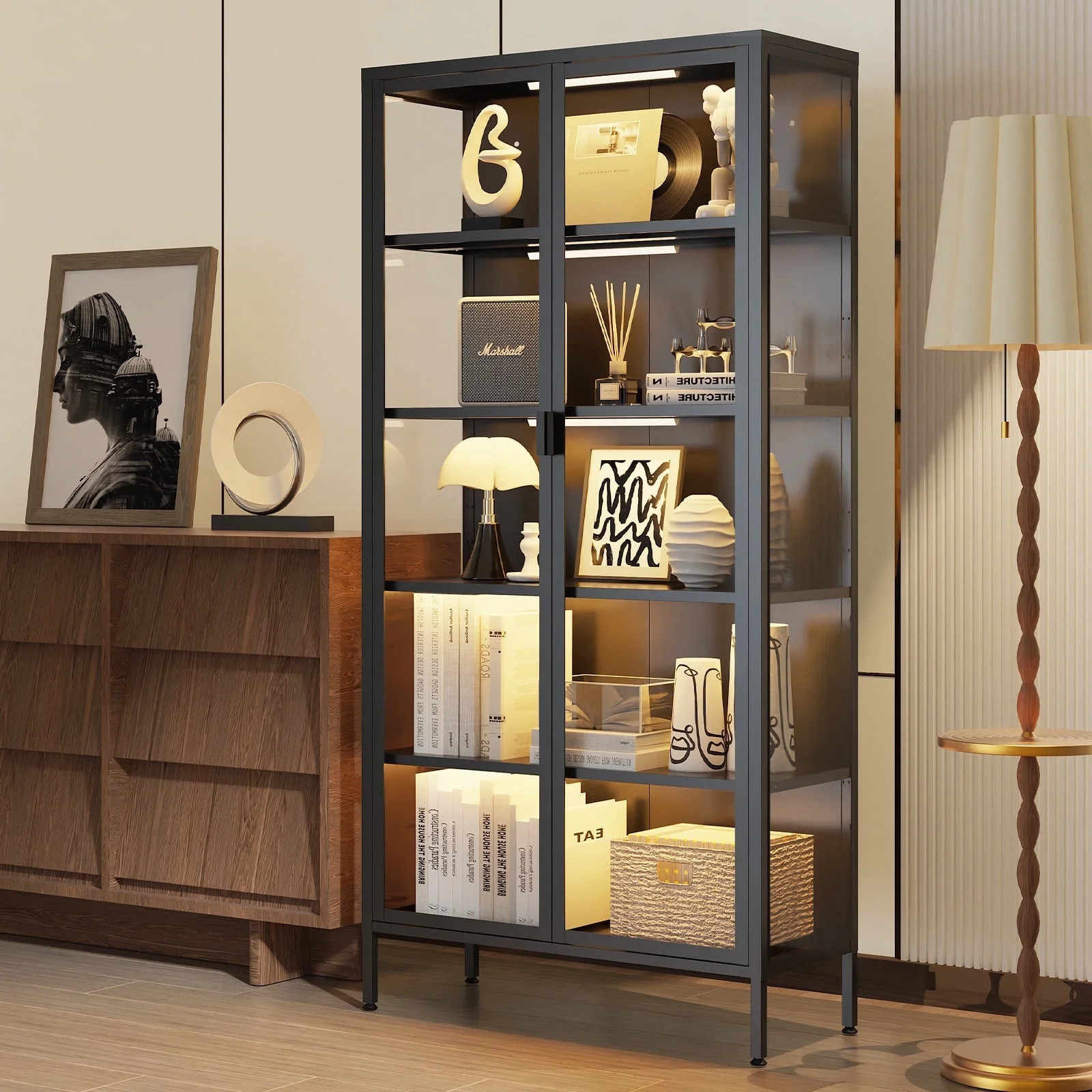 Eltean 71"H Display Cabinet with Glass Doors, 5 Tiers Curio Display Cabinet with 3 Colors LED Sen... | Walmart (US)