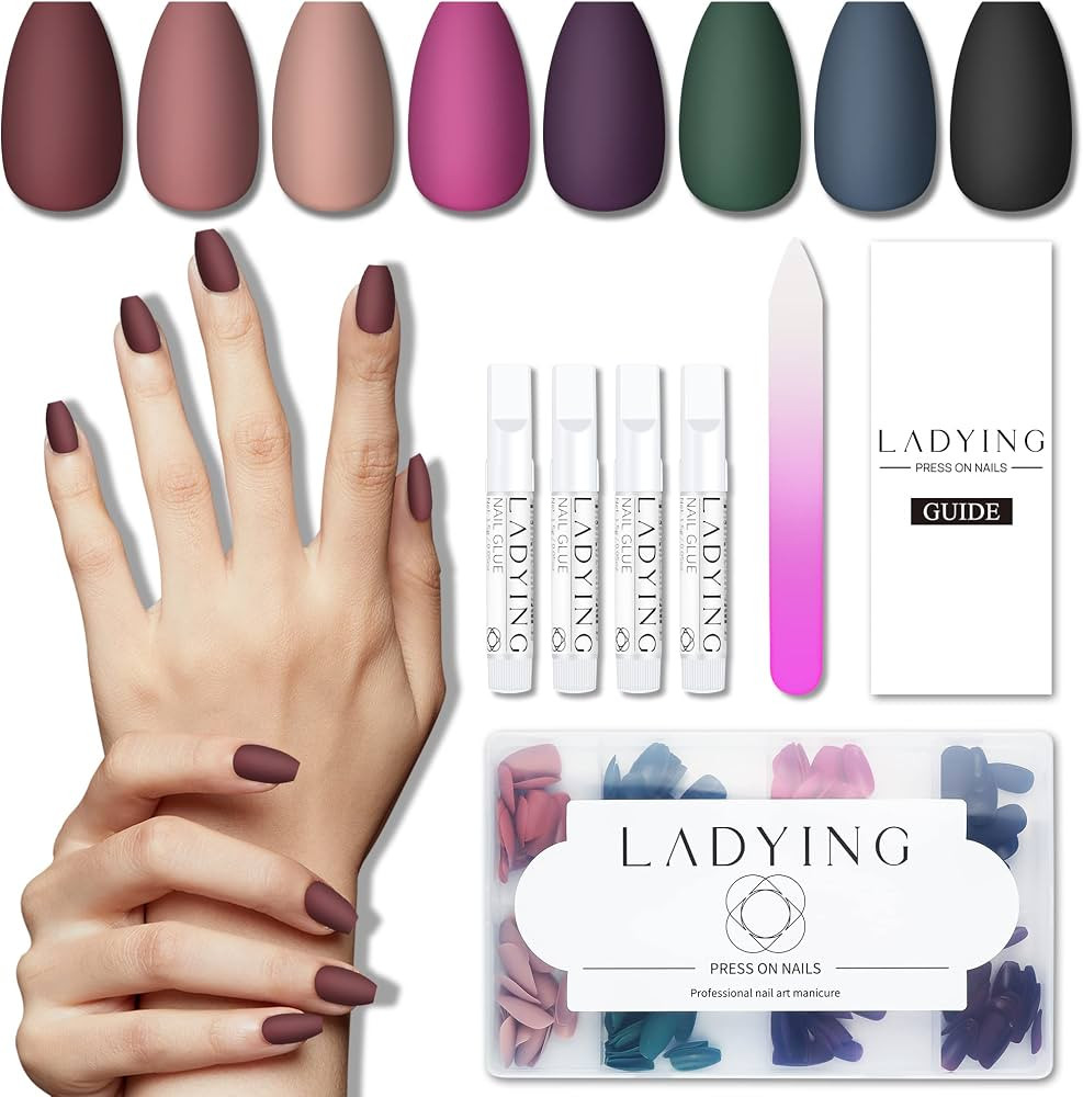 LADYING 8 Packs (192PCS) Acrylic Matte Press on Nails Medium Length, Short Coffin Stick Glue on N... | Amazon (CA)