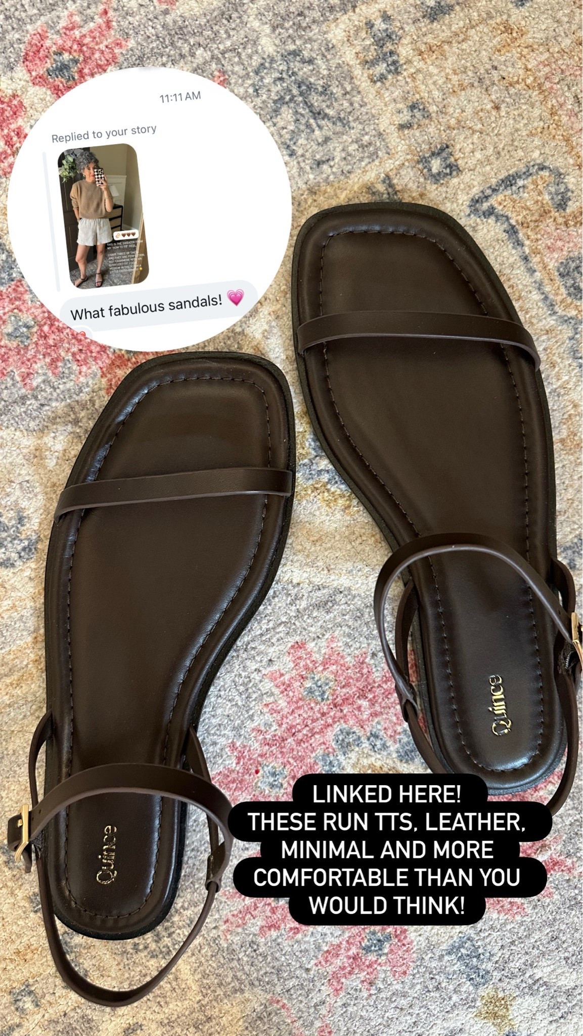 Quince Minimal chic sandals. Run TTS I’m in a 9.5. They’re out of stock at the moment but put your email in for a notice!