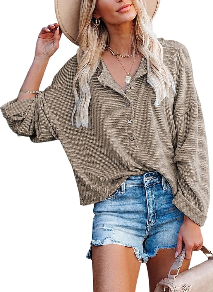 Dokotoo Blouses for Women V Neck Button-Down Shirts Long Sleeve Turn Down Collar Blouse Tops | Amazon (US)