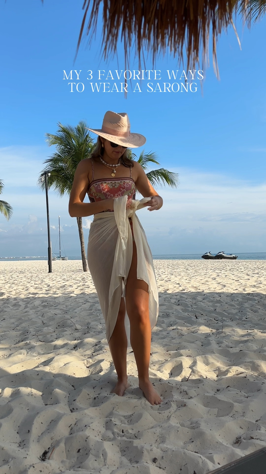 My 3 favorite ways to tie a sarong! My exact sarong is old, linked similar options + other faves. Wearing a 1 in swimsuit 