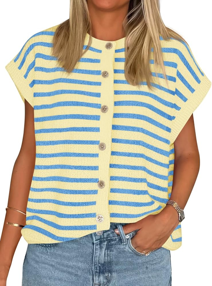Cicy Bell Womens Striped Cap Sleeve Sweater Vest Crew Neck Button Down Cardigan Cute Knit Tops | Amazon (US)