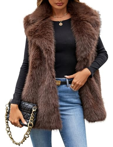 Kissonic Women's Faux Fur Vest Sleeveless Fuzzy Jacket Fluffy Coat Open Front Furry Outerwear Vests(Brown-M) | Amazon (US)