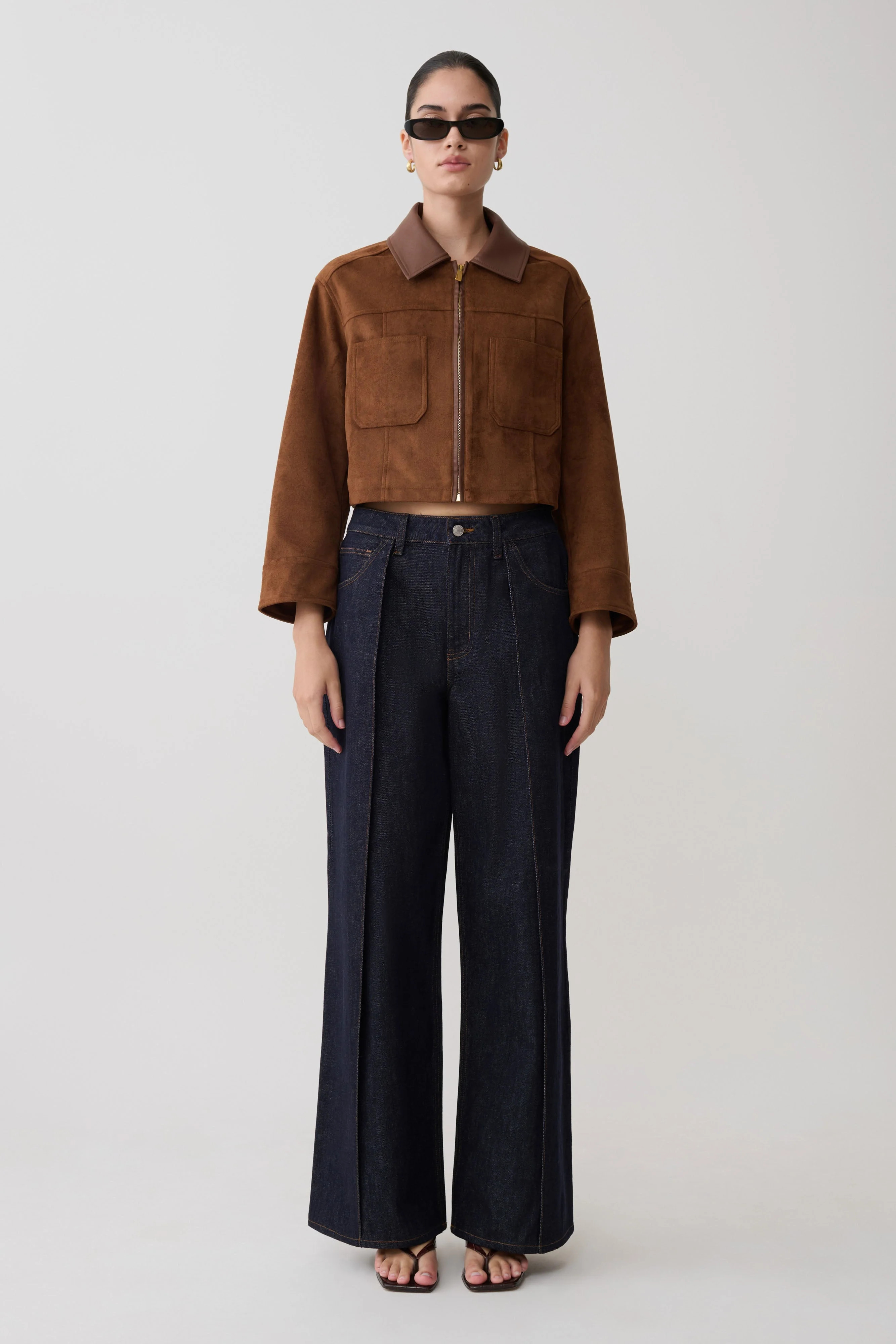 Faux Suede & Leather Collared Jacket - Tan | MESHKI US