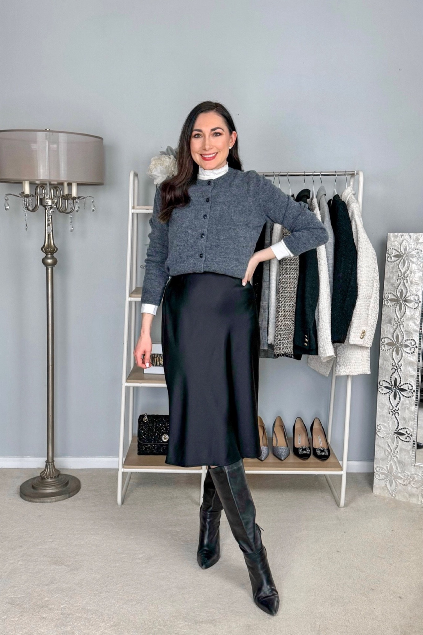 Classy winter work outfit of the day 🩶🖤

Dark grey cardigan size small, TTS
Lace trim sweater (linked similar)
Black midi skirt size xs, size down if between sizes 
Black knee high boots (linked similar)

Work wear 
2024 trends 




#LTKstyletip #LTKworkwear #LTKSeasonal