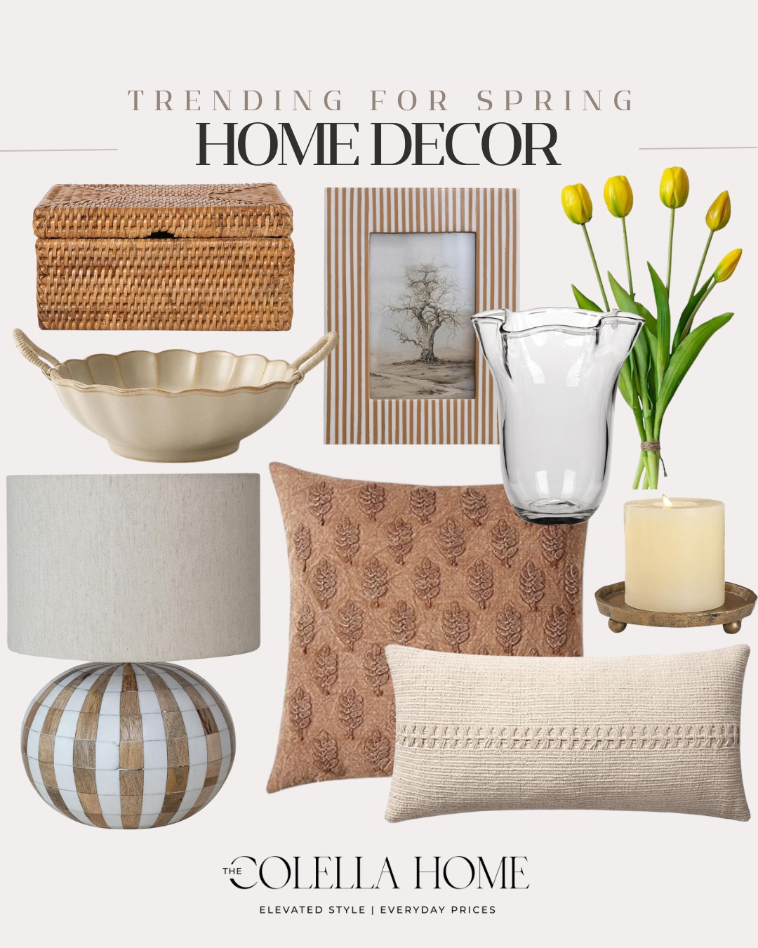 New for spring includes faux tulips, glass vase, frame, decorative box, decorative bowl, candle holder, throw pillows, and table lamp.

Home decor, looks for less, spring home decor, neutral home

#LTKU #LTKHome #LTKSaleAlert