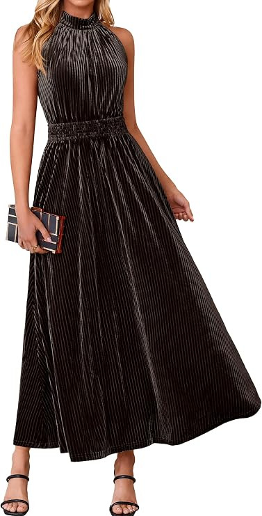 Simplee Womens Velvet Elegant Halter Neck Semi Formal Wedding Guest Dresses | 2026 Trendy, Empire... | Amazon (US)