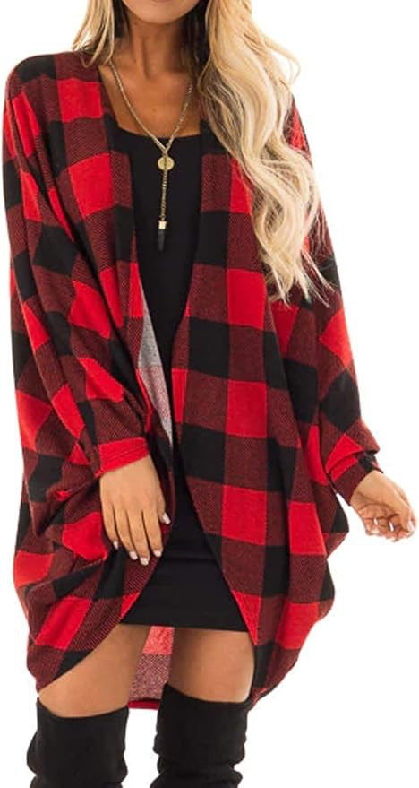 Womens Batwing Sleeve Oversized Plaid Kimono Cardigans Casual Coat Tops Outwear | Amazon (US)