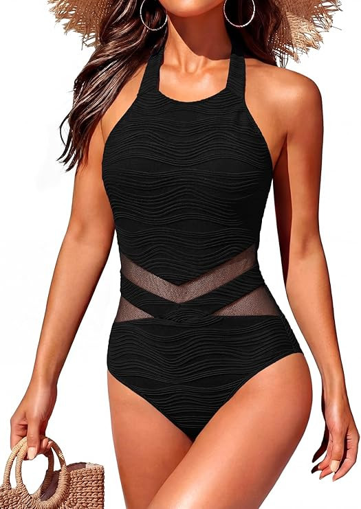 Women’s Tummy Control One Piece Swimsuit 2026- Mesh Push Up Slimming Halter High Neck Sexy Swim... | Amazon (US)