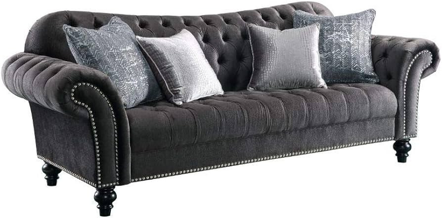 Acme Gaura Velvet Tufted Sofa with Nail-Head Trim in Dark Gray | Amazon (US)