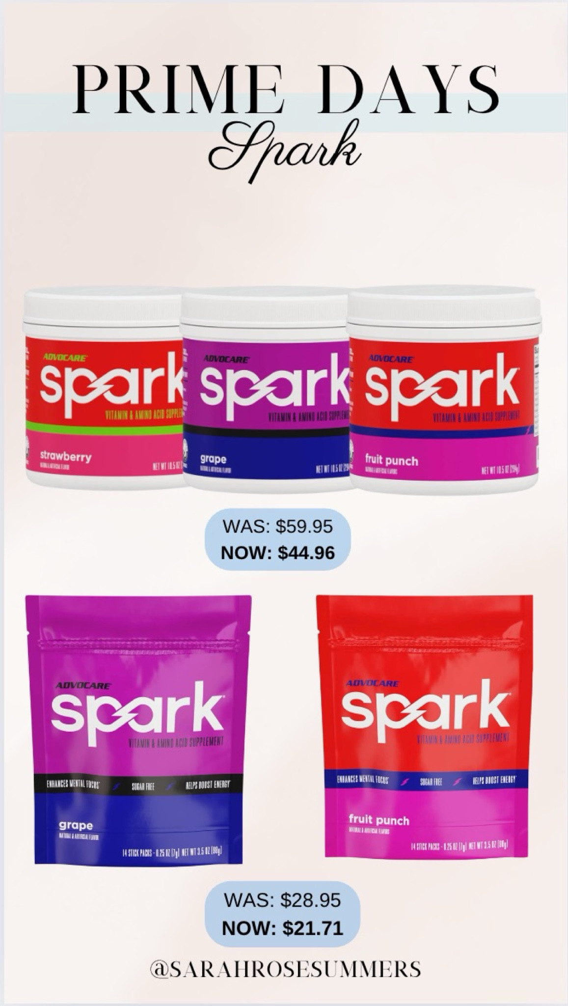 Prime Day Deals! Best selling AdvoCare Spark Vitamin & Amino Acid Supplement. Available in multiple flavors- fruit punch, grape, and strawberry. 

#LTKSaleAlert #LTKFitness #LTKActive