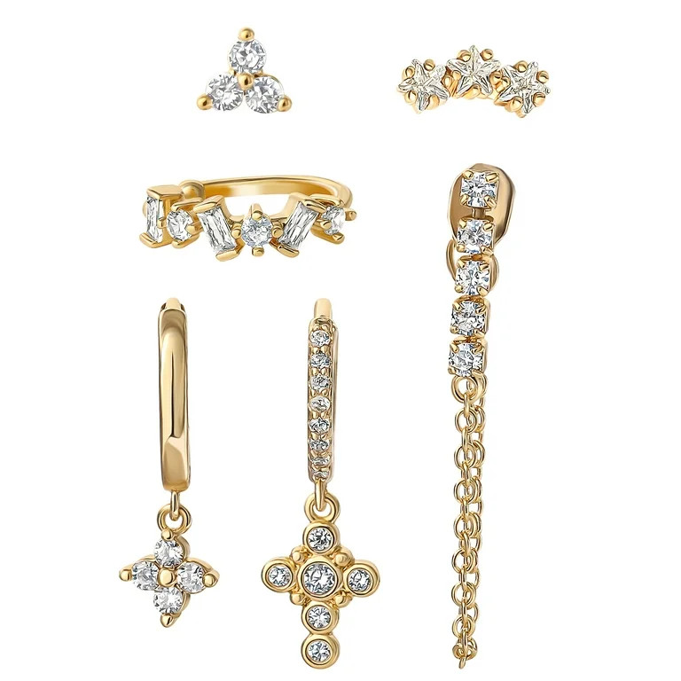 Believe by Brilliance Women's 14kt Gold Flash Plated Cubic Zirconia 6pc Singlet Earring Set | Walmart (US)