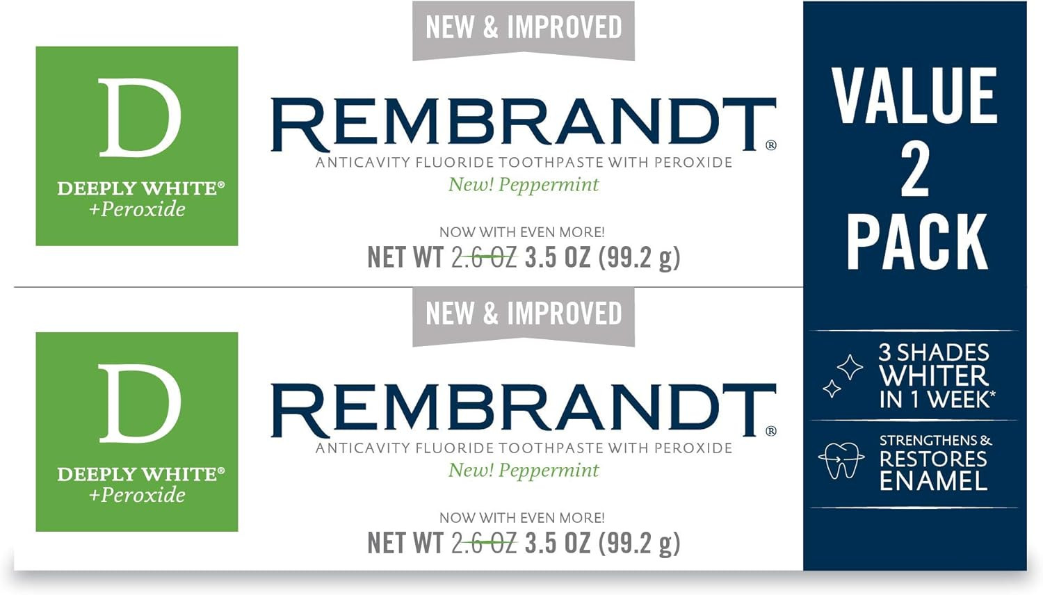 Rembrandt Deeply White + Peroxide Whitening Toothpaste, Peppermint Flavor, 3.5-Ounce (Pack of 2) (Packaging may Vary) | Amazon (US)