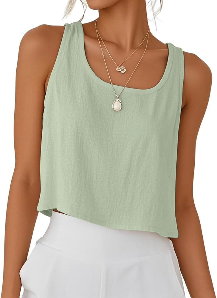 IDEALSANXUN Womens Cotton Linen Crop Tank Tops Spring Summer Sleeveless Tops | Amazon (US)