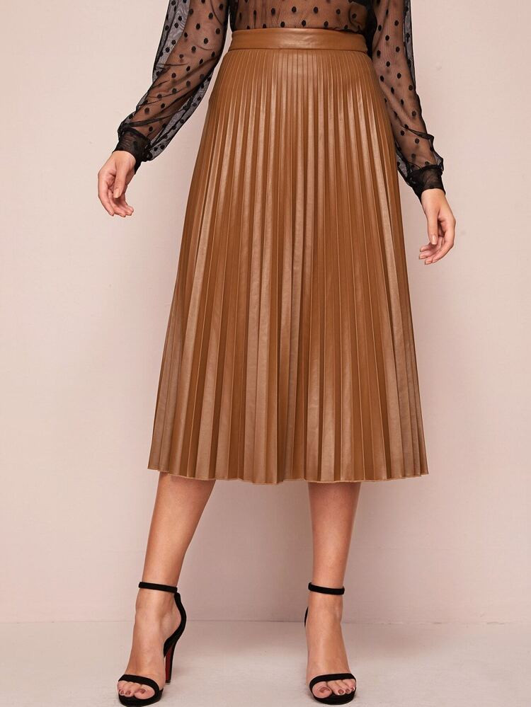 SHEIN BIZwear Pleated Leather Look Skirt | SHEIN