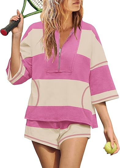 Yanekop Womens 2 Piece Outfits Summer Striped Lounge Set Two Piece Matching Workout Sets Oversize... | Amazon (US)