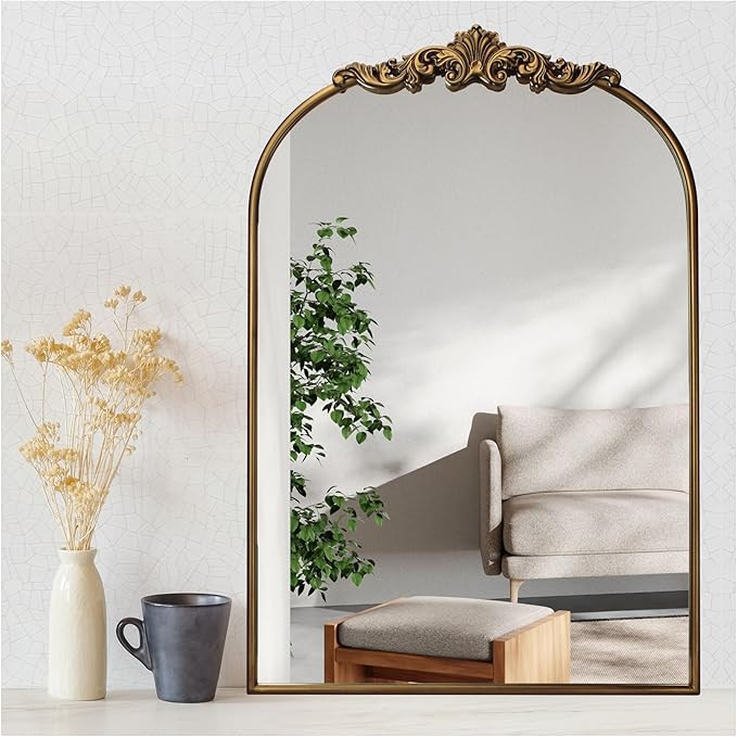 Ornate Baroque Vintage Gold Mirror - 24"X36" Arched Antique Brass Mirror with Full Metal Frame - ... | Amazon (US)